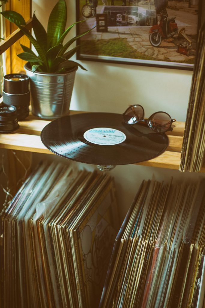 Camila Fernández's 6 Gift Picks for a Heartfelt Holiday - A vinyl record lays on top of a shelf, with a multitude of other vinyls below - Photo via Pexels, by Alina Vilchenko.